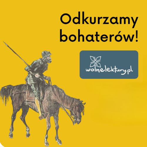 Napis: Wolne Lektury Odkurzamy bohaterów i rysunek Don Kichota na koniu