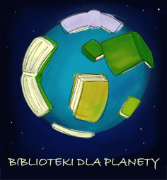 Logo projektu Biblioteki dla Planety przedstawiające planetę w kosmosie, na któej zamiast lądów są rozłożone książki